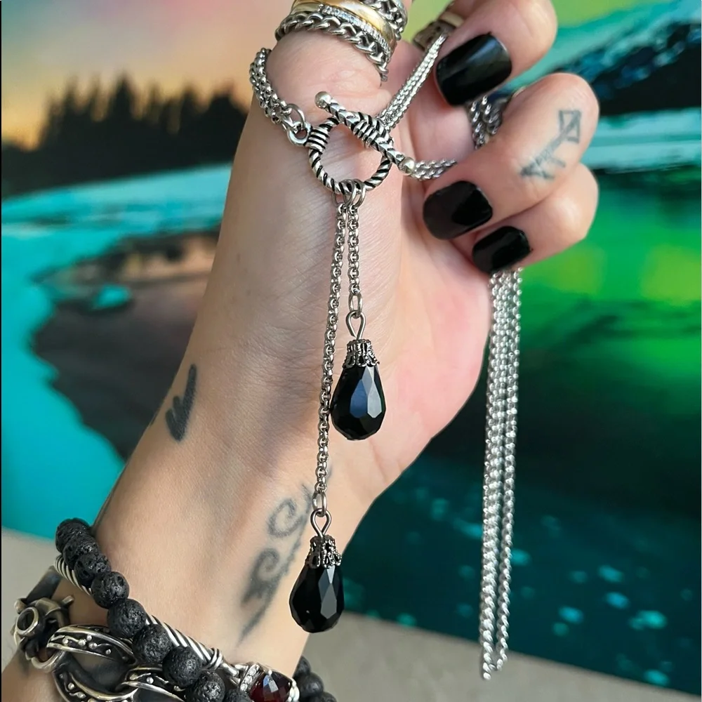 Y shape lariat double chain necklace Set black crystals ( necklace + earrings )_3